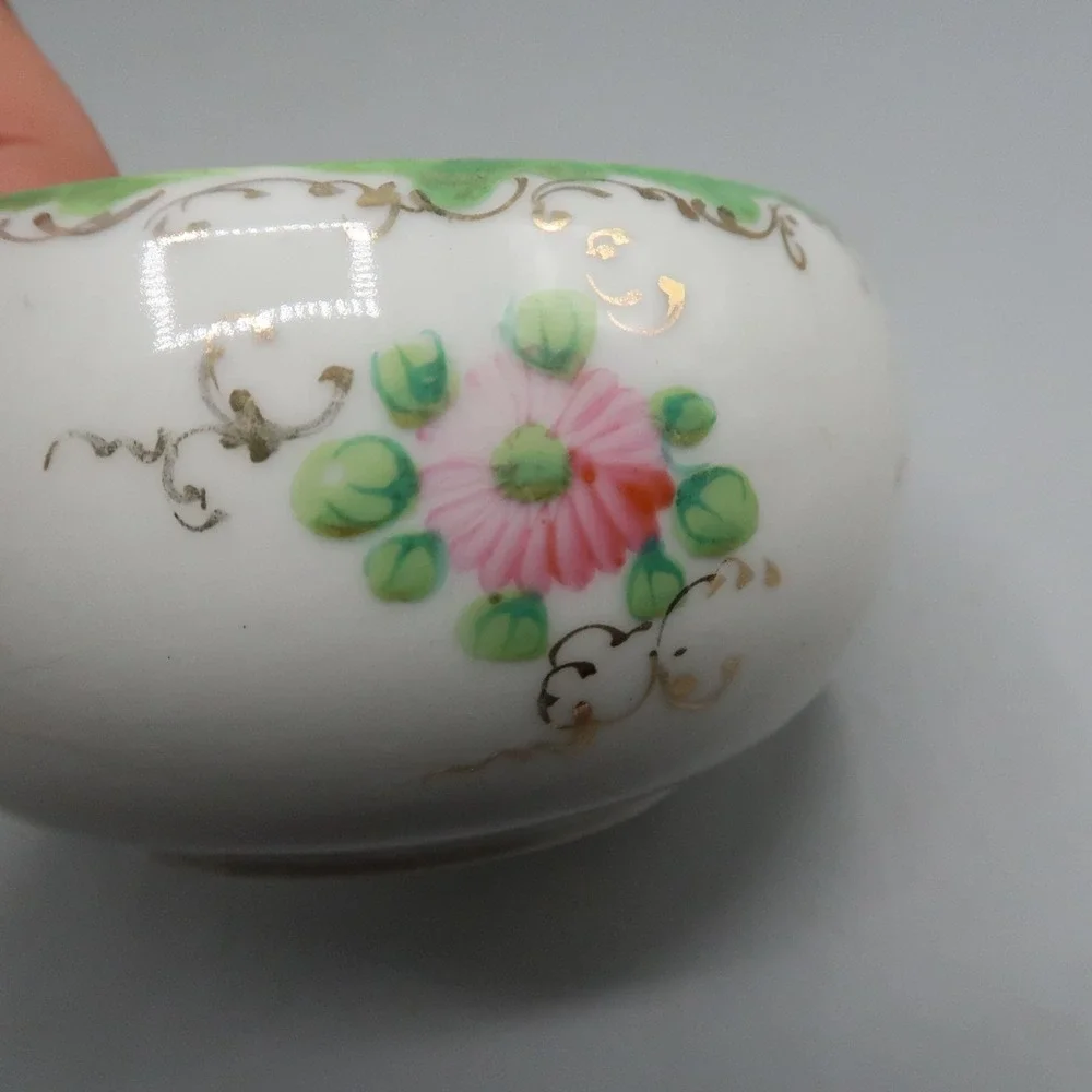 Nippon Hair Receiver Floral White Hand Painted Porcelain Green Trim Granny Core